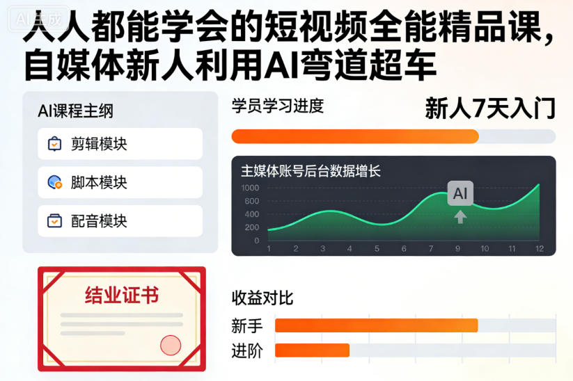 人人都能学会的短视频全能精品课,自媒体新人利用AI弯道超车-冒泡网