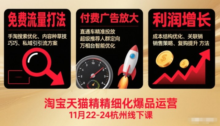 淘宝天猫精细化爆品运营11月22-24杭州线下课，免费流量打法+付费广告放大+利润增长（音频+文档）-冒泡网