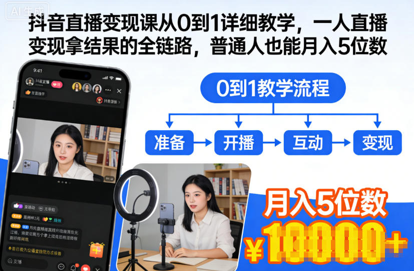 抖音直播变现课从0到1详细教学,一人直播变现拿结果的全链路,普通人也能月入5位数-冒泡网