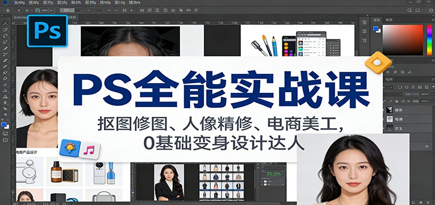 PS全能实战课：抠图修图、人像精修、电商美工，0基础变身设计达人-冒泡网