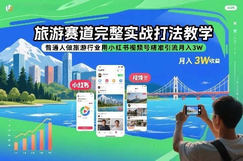 旅游赛道完整实战打法教学,普通人做旅游行业用小红书视频号精准引流月入3W-冒泡网