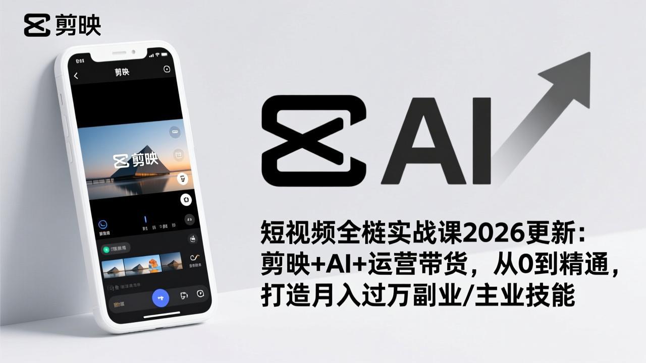 短视频全栈实战课2026更新:剪映+AI+运营带货,从0到精通,打造月入过万副业/主业技能-冒泡网