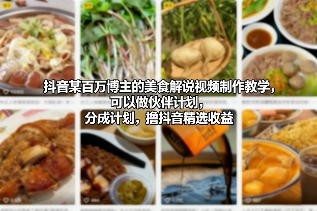 抖音某百万博主的美食解说视频制作教学,可以做伙伴计划,分成计划,撸抖音精选收益-冒泡网