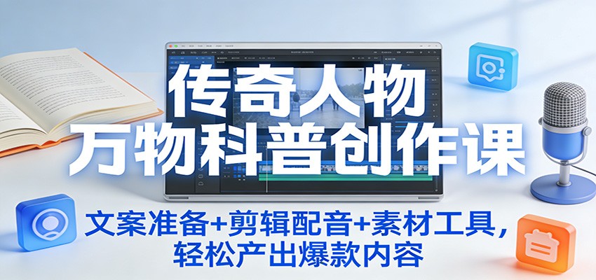 传奇人物万物科普创作课：文案准备+剪辑配音+素材工具，轻松产出爆款内容-冒泡网