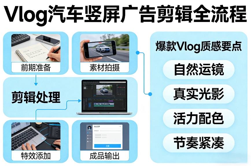 Vlog感觉汽车竖屏广告剪辑脚本全流程,拿捏爆款Vlog质感-冒泡网