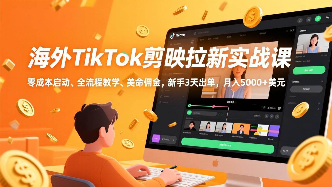 海外TikTok剪映拉新实战课,零成本启动、全流程教学、美金佣金,新手3天出单,月入5000+美元-冒泡网