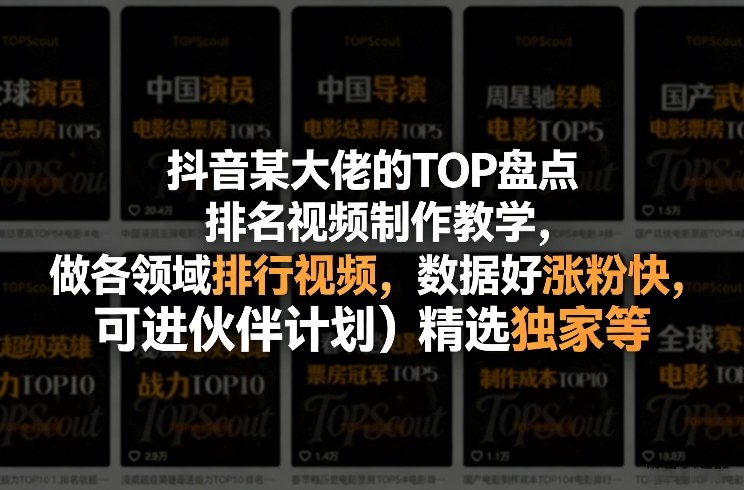 抖音某大佬的TOP盘点排名视频制作,做各领域排行视频,数据好涨粉快,可进伙伴计划+精选独家等-冒泡网