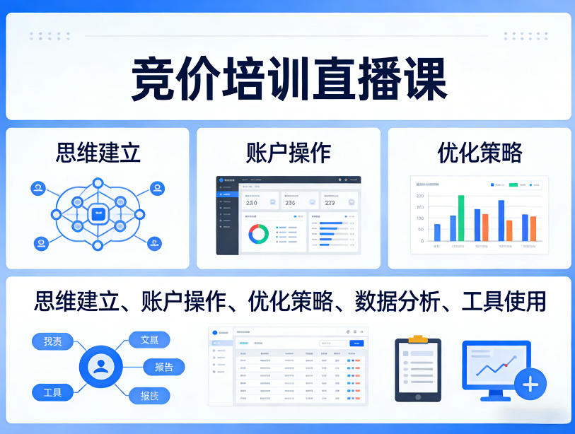 竞价培训直播课,覆盖思维建立、账户操作、优化策略、数据分析、工具使用等,全方位提升效果-冒泡网
