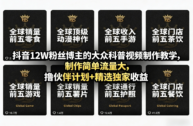 抖音12W粉丝博主的大众科普视频制作教学，制作简单流量大，撸伙伴计划+精选独家收益-冒泡网