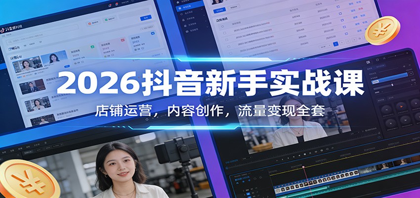 2026抖音新手实战课：店铺运营，内容创作，流量变现全套-冒泡网