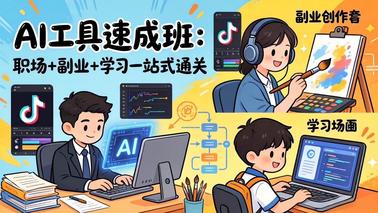 AI工具速成班:职场+副业+学习一站式通关,20+爆款类型+剪映技巧+抖音算法,0基础快速上手-冒泡网