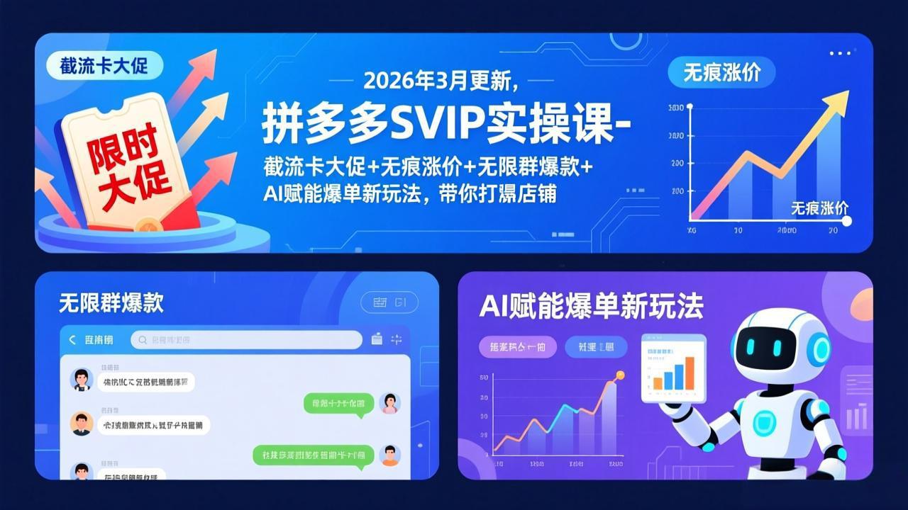 拼多多SVIP实操课-26年3月，截流卡大促+无痕涨价+无限群爆款+AI赋能爆单新玩法，带你打爆店铺-冒泡网