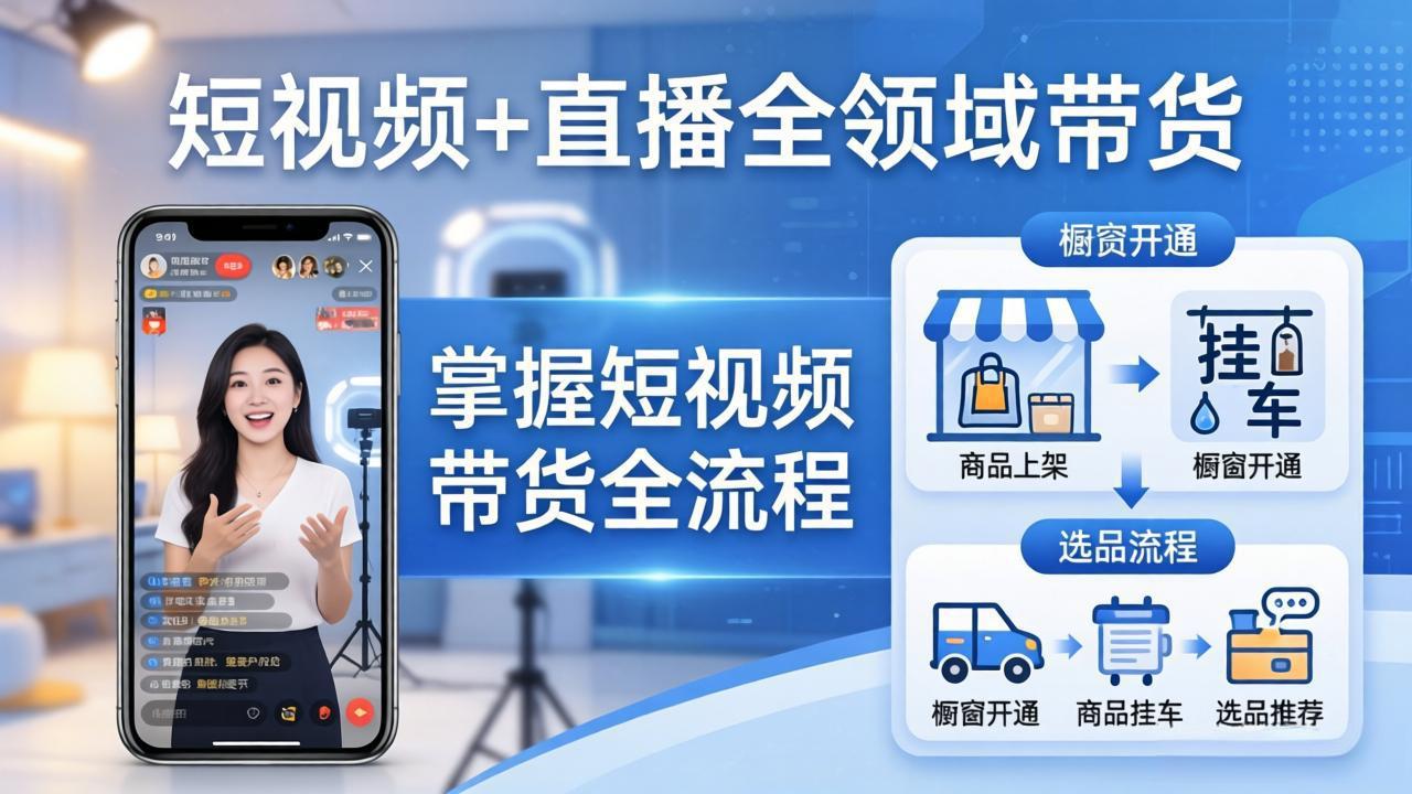 短视频+直播全领域带货-更新:掌握橱窗开通、挂车、选品、爆款文案改编等短视频带货全流程-冒泡网