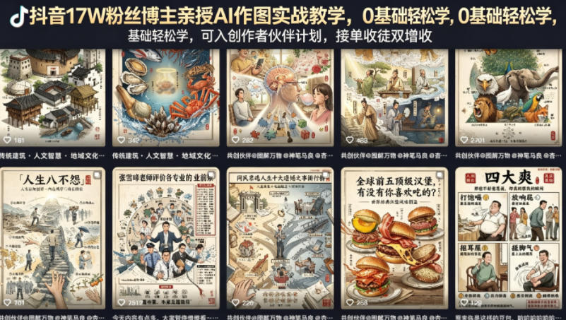 抖音17W粉丝博主亲授AI作图实战教学，0基础轻松学，可入创作者伙伴计划，接单收徒双增收-蜗牛学社