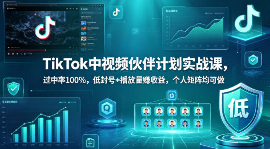 TikTok中视频伙伴计划实战课,过中率100%,低封号+播放量賺收益,个人矩阵均可做-蜗牛学社