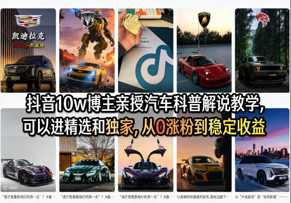 抖音10w博主亲授汽车科普解说教学,可以进精选和独家,从0涨粉到稳定收益(详细视频课程+1T素材)-冒泡网