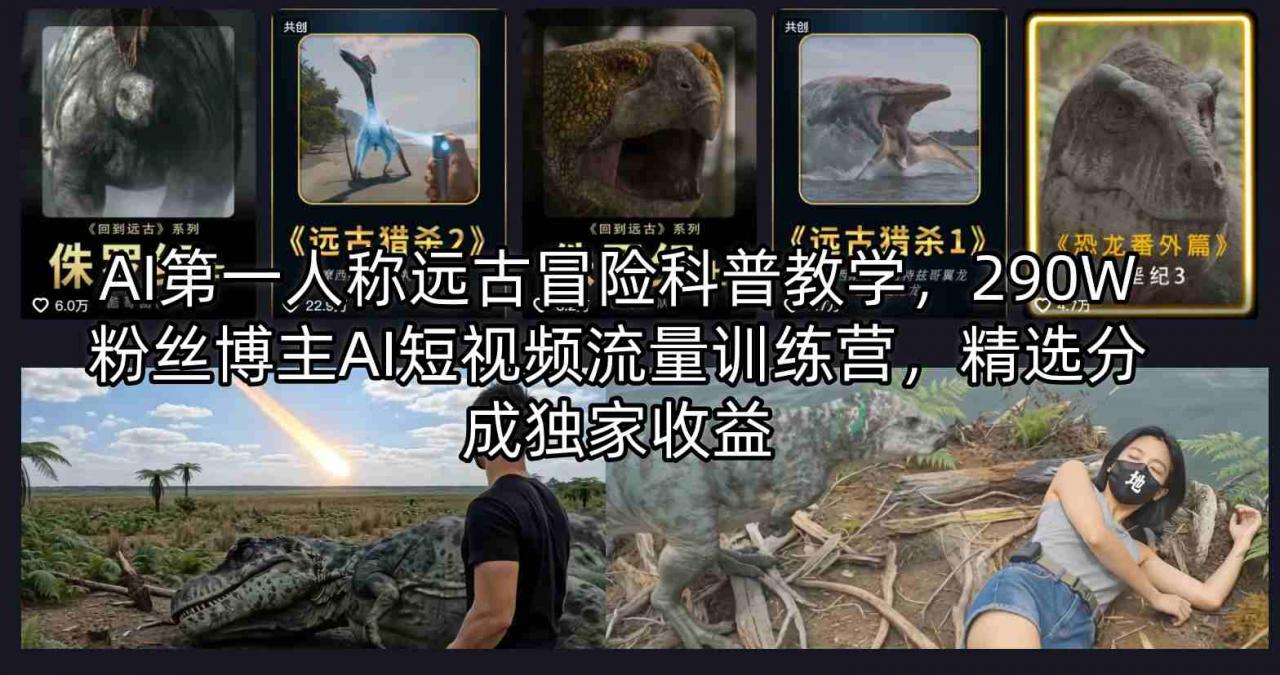 AI第一人称远古冒险科普教学，290W粉丝博主AI短视频流量训练营，精选分成独家收益-蜗牛学社