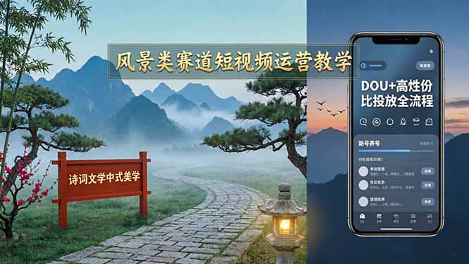 风景类赛道短视频运营教学：诗词文学中式美学，新号养号对标账号定位，DOU+高性价比投放全流程-蜗牛学社