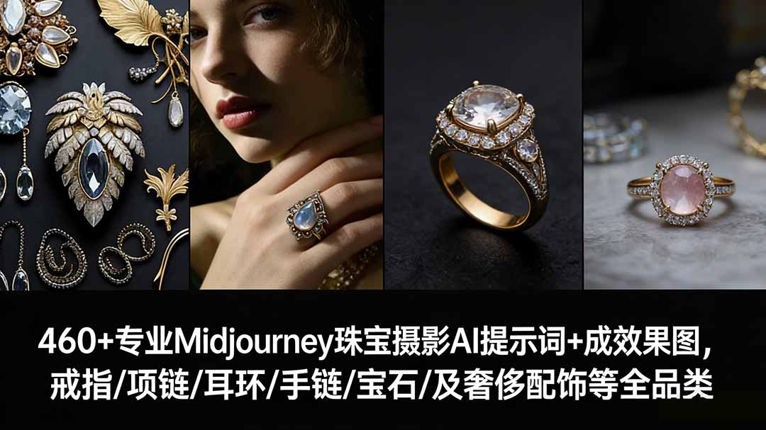 460+专业Midjourney珠宝摄影AI提示词+成效果图,戒指/项链/耳环/手链/宝石/及奢侈配饰等全品类-蜗牛学社