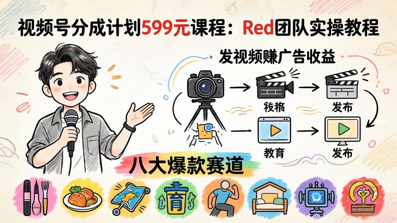 视频号分成计划599元课程:Red团队实操教程,发视频赚广告收益,八大爆款赛道全掌握-蜗牛学社