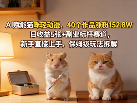 AI赋能猫咪轻动漫,40个作品涨粉152.8W,日收益5张+副业标杆赛道,新手直接上手,保姆级玩法拆解-冒泡网