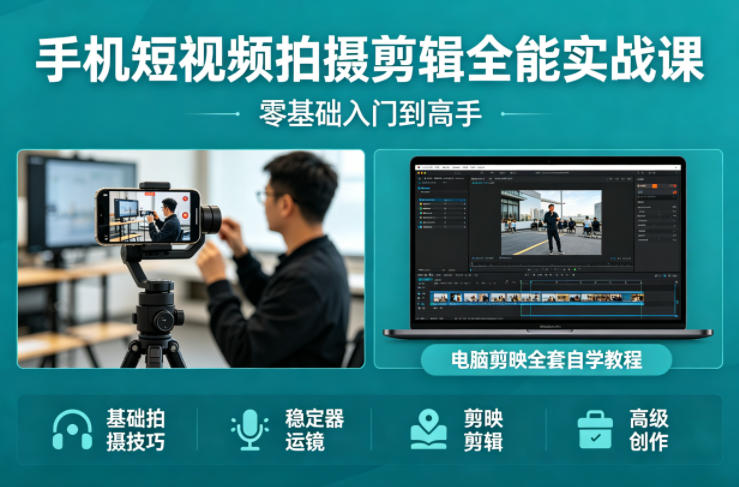手机短视频拍摄剪辑全能实战课:零基础入门到高手,稳定器运镜+电脑剪映全套自学教程-蜗牛学社