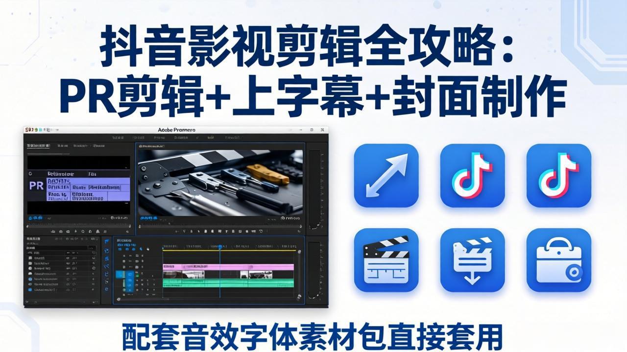 抖音影视剪辑全攻略：PR剪辑+上字幕+封面制作，配套音效字体素材包直接套用-冒泡网