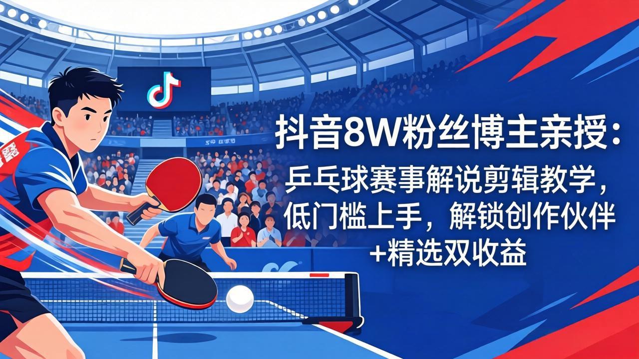 抖音8W粉丝博主亲授:乒乓球赛事解说剪辑教学,低门槛上手,解锁创作伙伴+精选双收益-蜗牛学社