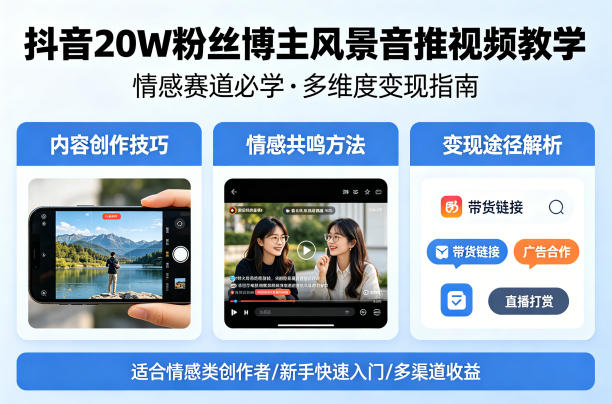 抖音20W粉丝博主风景音推视频教学,情感赛道必学,各种变现途径-蜗牛学社