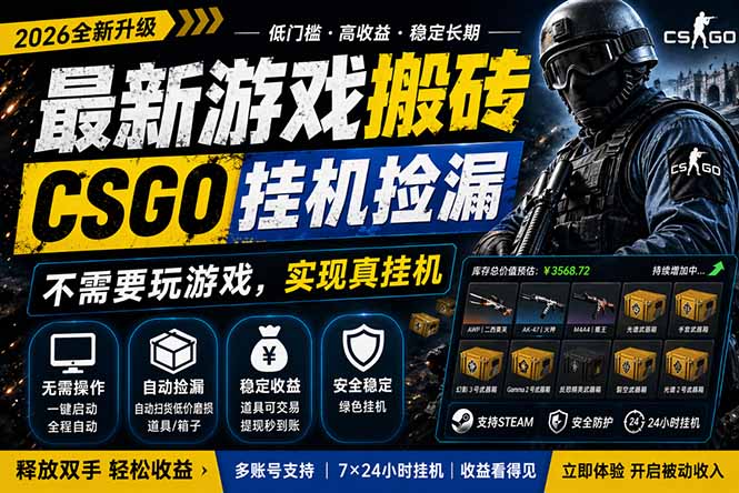 最新游戏搬砖，CSGO纯挂机，不需要玩游戏，实现真挂机，月入1W+，五一小高峰上车可吃肉，…-蜗牛学社
