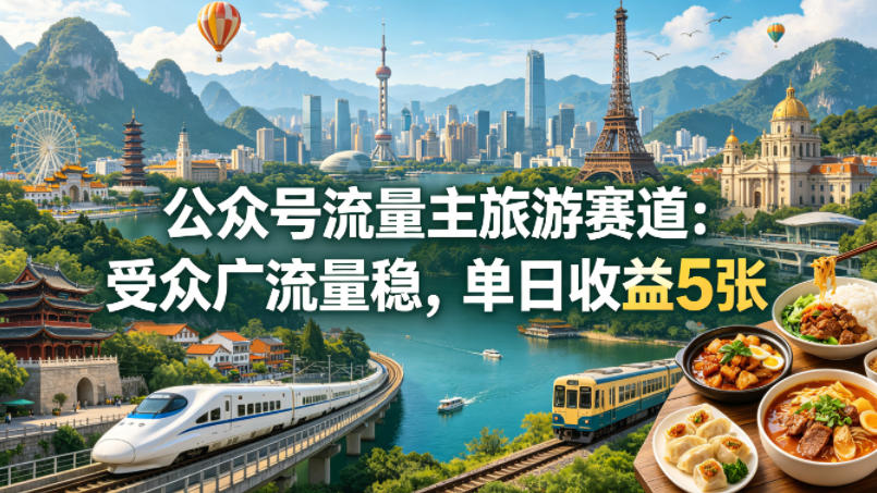 公众号流量主之旅游赛道，受众广+流量稳，平均单日收益5张+-蜗牛学社
