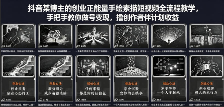 抖音某博主的创业正能量手绘素描短视频全流程教学,手把手教你做号变现,撸创作者伙伴计划收益-蜗牛学社