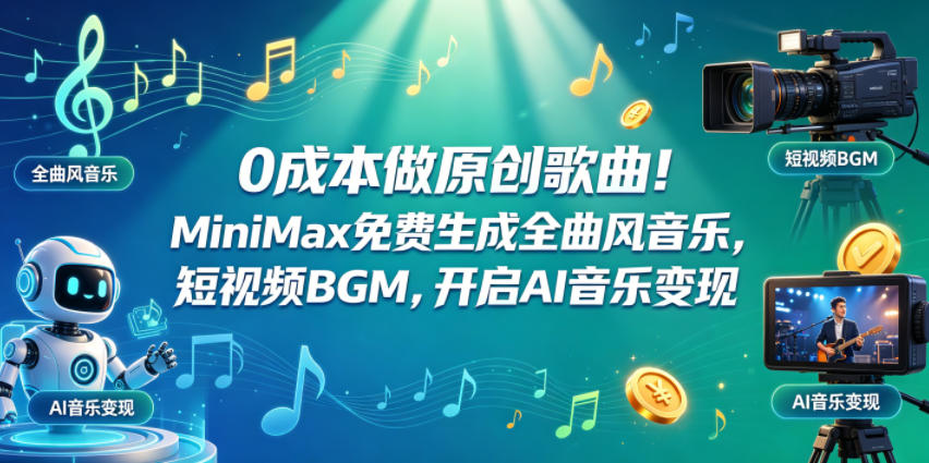 0成本做原创歌曲！MiniMax免费生成全曲风音乐，短视频BGM，开启AI音乐变现-蜗牛学社