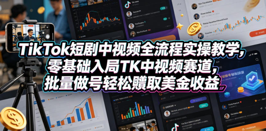 TikTok短剧中视频全流程实操教学,零基础入局TK中视频赛道,批量做号轻松賺取美金收益-蜗牛学社