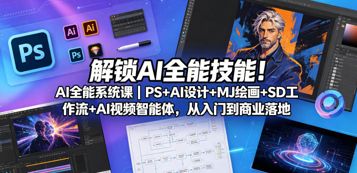 解锁AI全能技能!AI全能系统课|PS+AI设计+MJ绘画+SD工作流+AI视频智能体,从入门到商业落地-蜗牛学社