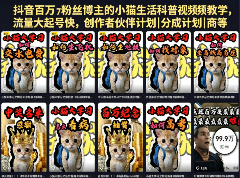 抖音百万粉丝博主的小猫生活科普视频教学,流量大起号快,创作者伙伴计划|分成计划|商单|收徒等-蜗牛学社