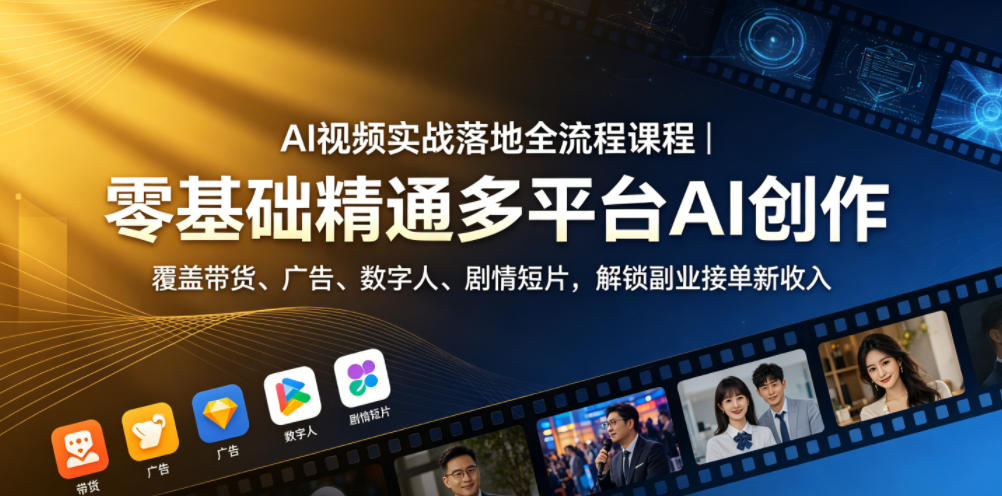 AI视频实战落地全流程课程｜零基础精通多平台AI创作，覆盖带货、广告、数字人、剧情短片，解锁副业接单新收入-蜗牛学社