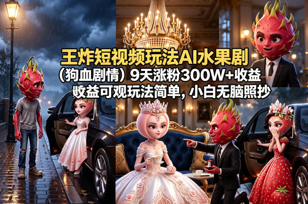 王炸短视频玩法AI水果剧(狗血剧情)9天涨粉300W+收益可观玩法简单,小白无脑照抄,详细拆解玩法-蜗牛学社