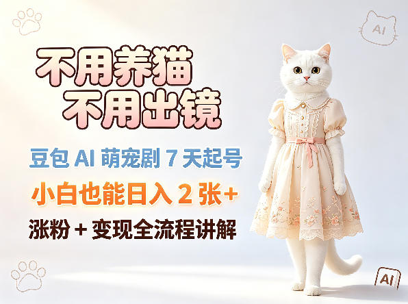 不用养猫不用出镜,豆包AI萌宠剧7天起号,小白也能日入2张+,涨粉+变现全流程讲解-蜗牛学社