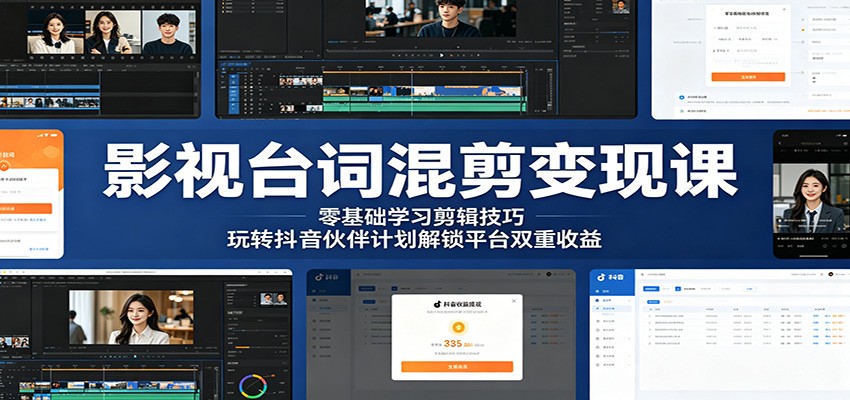 影视台词混剪变现课:零基础学习剪辑技巧,玩转抖音伙伴计划解锁平台双重收益-蜗牛学社
