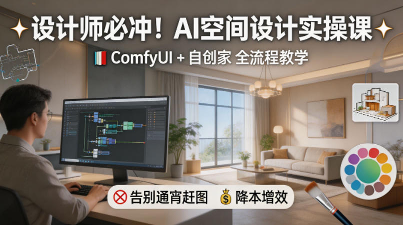 设计师必冲!AI空间设计实操课,ComfyUI+自创家全教学,告别通宵赶图,降本增效-蜗牛学社