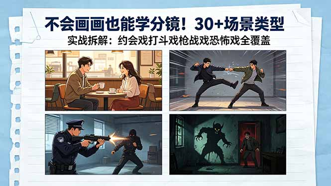 不会画画也能学分镜！30+场景类型实战拆解：约会戏打斗戏枪战戏恐怖戏全覆盖-蜗牛学社