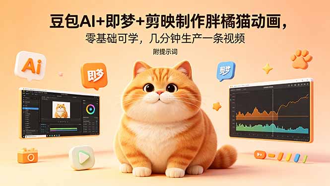 豆包AI+即梦+剪映制作胖橘猫动画,零基础可学,几分钟生产一条视频,附提示词-蜗牛学社