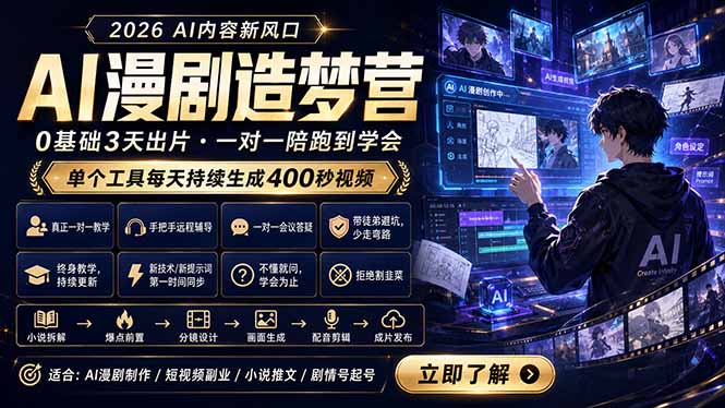 AI漫剧造梦营：0基础3天出片，单个工具每天持续生成400秒视频-蜗牛学社