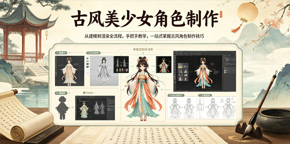 古风美少女角色制作，从建模到渲染全流程，手把手教学，一站式掌握古风角色制作技巧-蜗牛学社