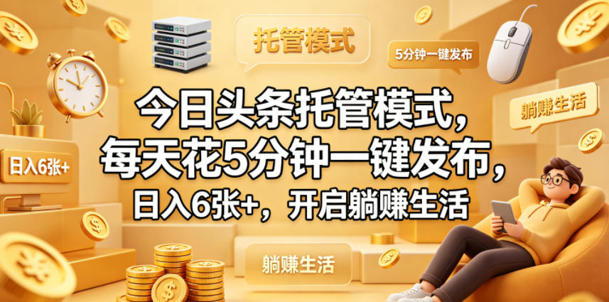 今日头条托管模式，每天花5分钟一键发布，日入6张+，开启躺賺生活【揭秘】-蜗牛学社