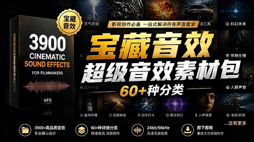 宝藏音效合集包！60+多种音效分类，共计3900个，分类清晰，全中文分类，高品质剪辑音效素材包-蜗牛学社