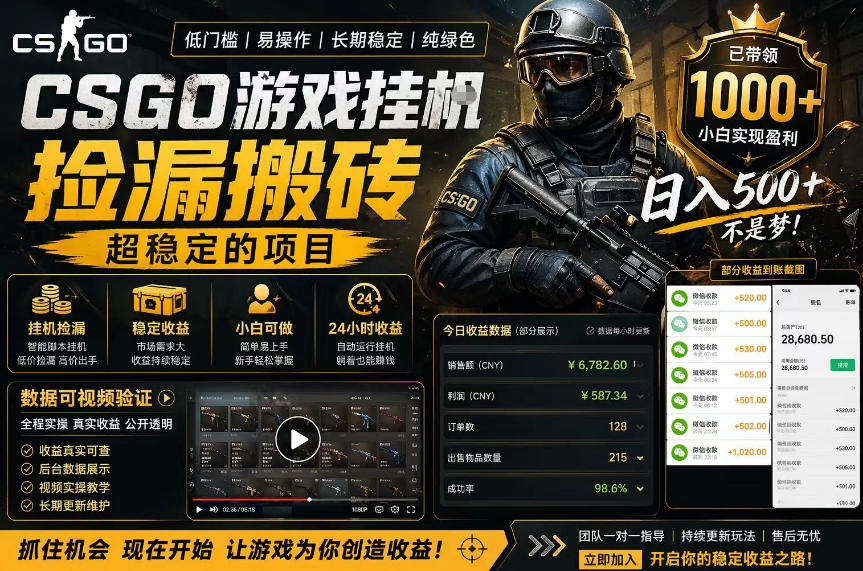 CSGO游戏搬砖,全自动挂G,不需要玩游戏,手机操作日入300+,解放双手【揭秘】-蜗牛学社