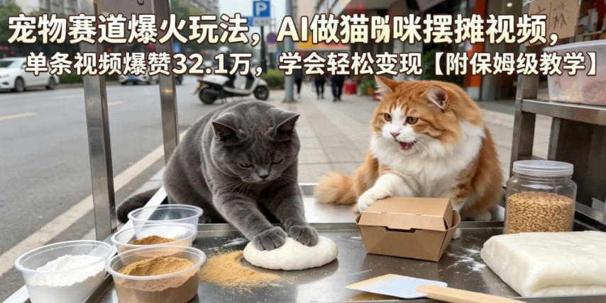 宠物赛道爆火玩法,AI做猫咪摆摊视频,单条视频爆赞32.1万,学会轻松变现【附保姆级教学】-蜗牛学社