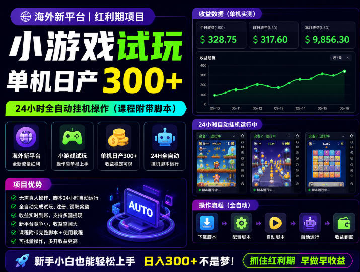 海外新平台，小游戏试玩，单机日产300+，24小时全自动挂G操作（课程附带脚本）【揭秘】-蜗牛学社